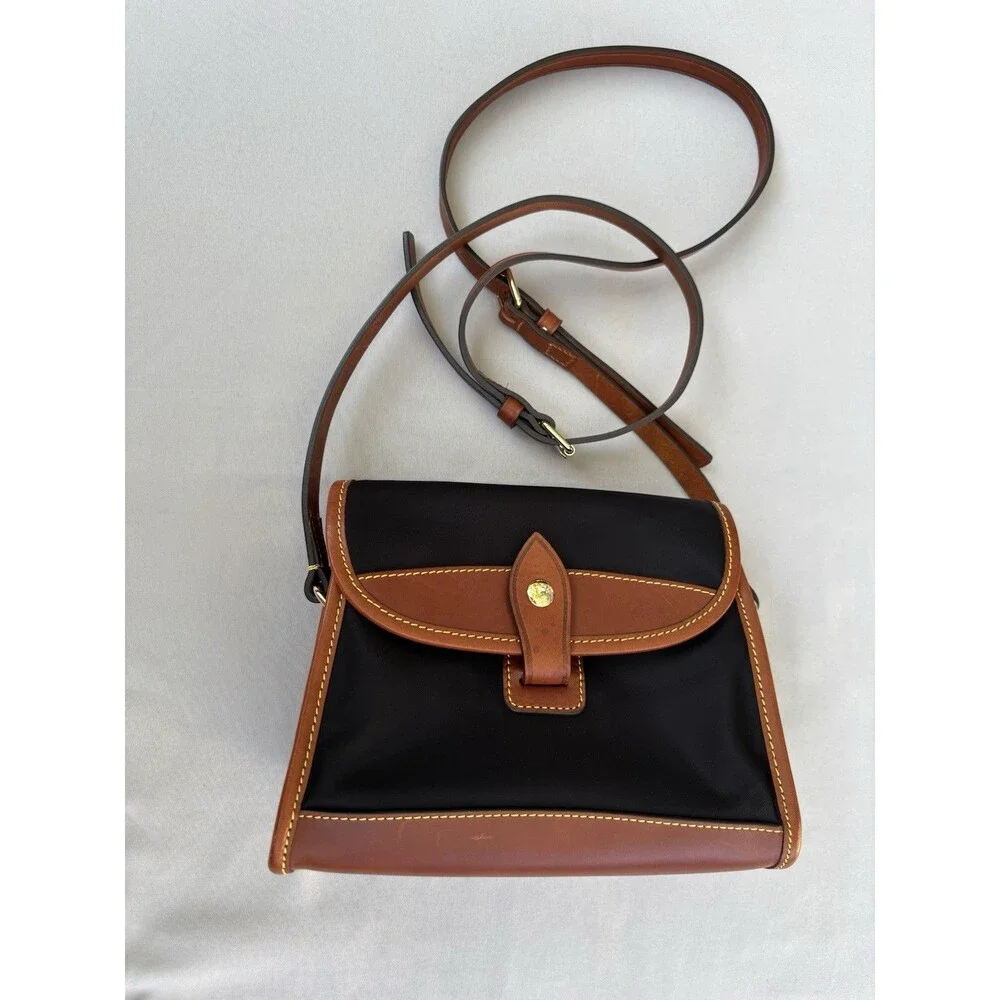 Vintage Dooney & Bourke Black Nylon Brown Leather Crossbody Shoulder Bag